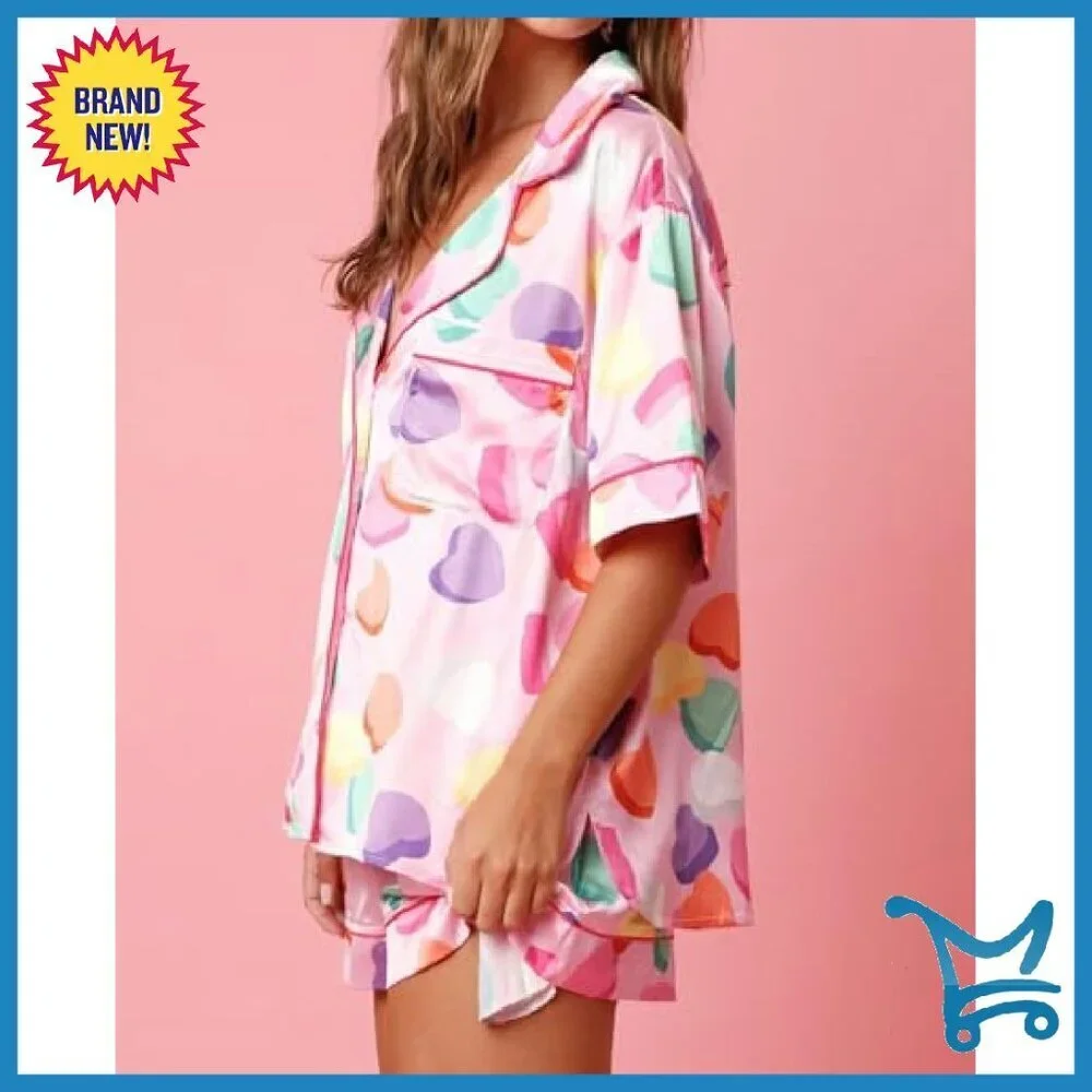 Women's 2-Piece Cotton Pajama Set Short Sleeve Button Down Shirt Matching Shorts